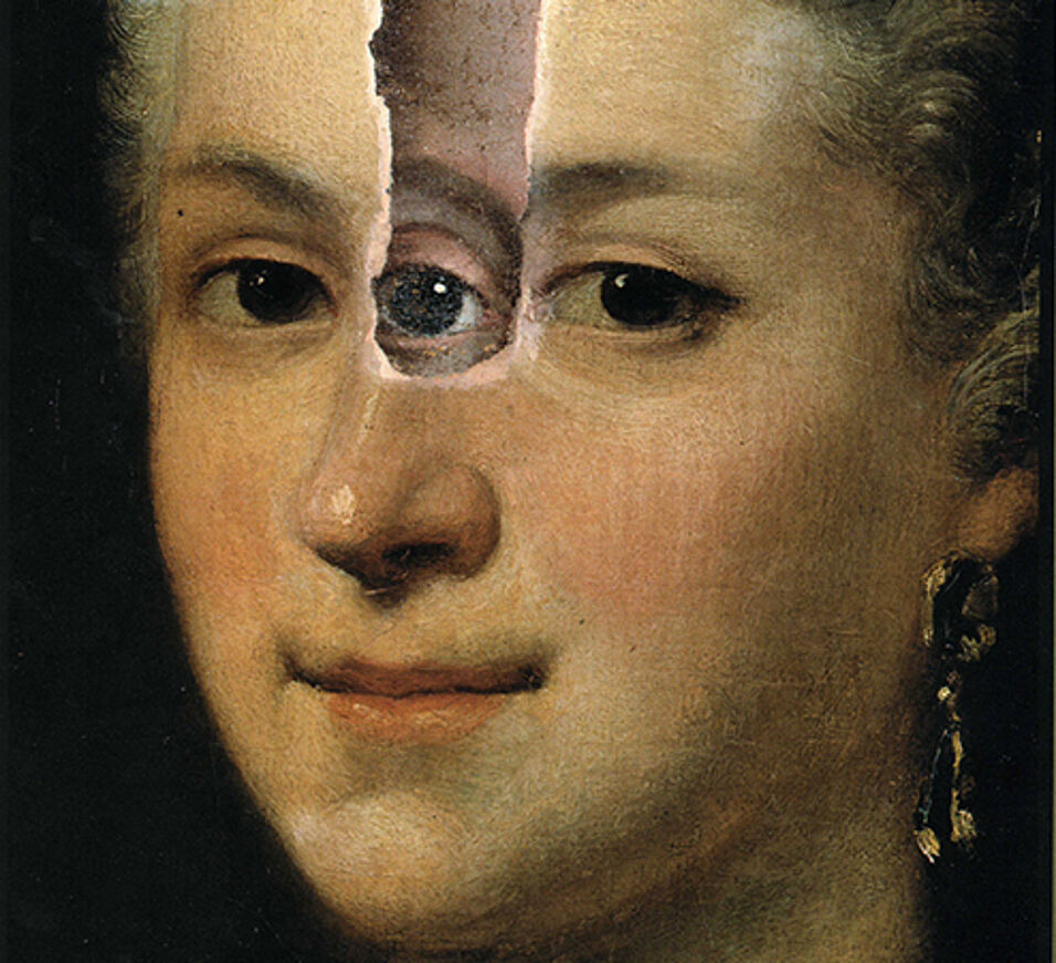 Detail des Gemäldes „Maria Josepha, Königin von Polen und Kurfürstin von Sachsen“ von Louis de Silvestre mit einem im Auftrag des Ausstatters Jules Allard darüber gefälschten Portrait während der Restaurierung, bei der das gefälschte Portrait a