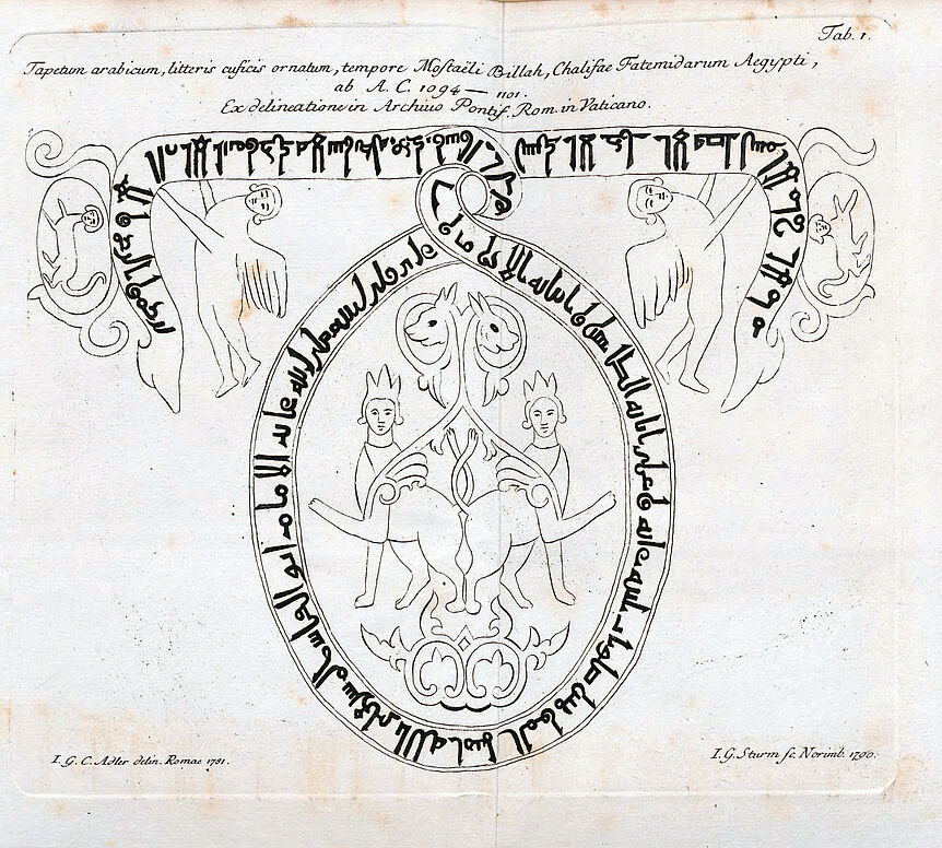 Image: Adler’s drawing of a medallion from the so-called “Veil of Sainte Anne” (Fatimid textile, cathedral treasury of Apt), published in von Murr’s Inscriptio Arabica, 1791, pl. I.  © Bayerische Staatsbibliothek München, 1489317 4 J.publ.g. 831